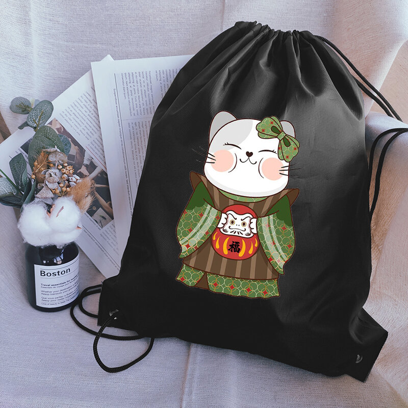 Cute Japanese Cat Print Drawstring Backpacks Drawstring Bag Thicken Portable Storage Bag Waterproof Storage Bag Wholesale