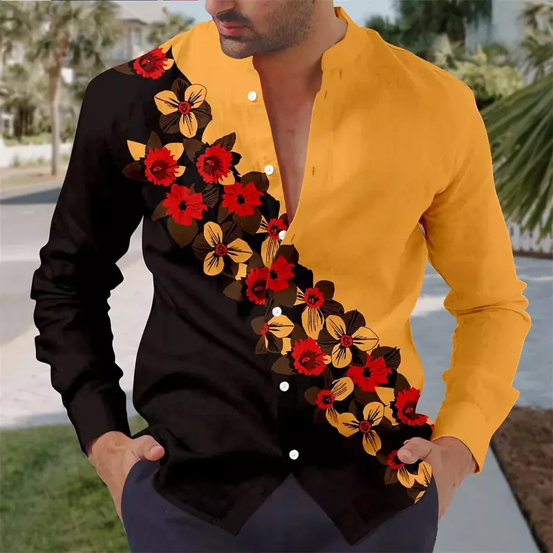 Men's printed shirt, summer flower 3D printing, long sleeved stand up collar shirt, vacation high-quality men's clothing