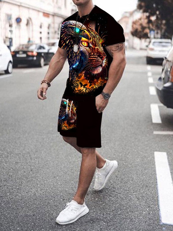 Костюм мужской повседневный с коротким рукавом, модная уличная футболка, уличные спортивные свободные удобные шорты с 3D принтом льва, лето