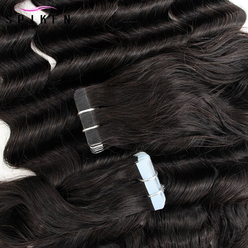Deep Wave Tape In Hair Extensions Human Hair Brazilian Natural Black 100% Real Remy Hair Skin Weft Adhesive Glue Hair For Women