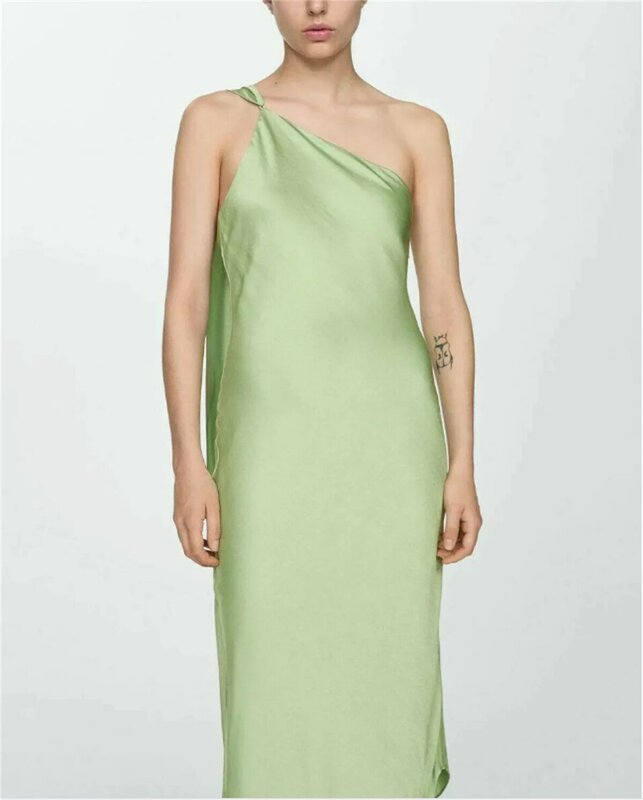 فستان سهرة أنيق أخضر بكتف واحد للسيدات ، فستان حفلات بظهر دانتيل مخصص ، طول الكاحل ، بسيط ، مناسبة رسمية
