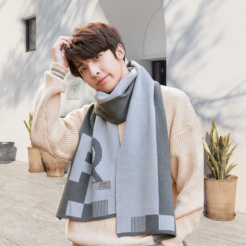 Letter Print Scarf Men's Thickened Knitted Winter Scarf with Windproof Cold-proof Features Long Wide Color Matching for Warmth