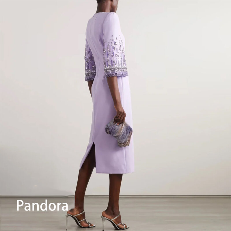 Pandora-女性用クリスタルのエレガントなパープルイブニングドレス,ラウンドカラー,ハーフスリーブ