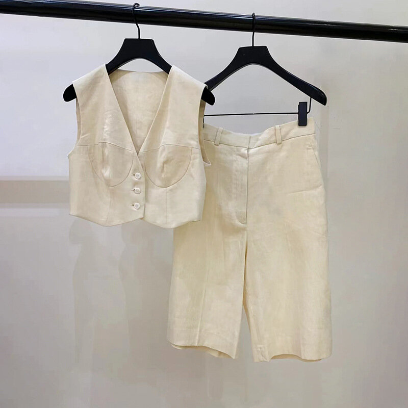 2024 Summer New Women's Simple OL Suit V-neck Buttons Sleeveless Vest + Shorts