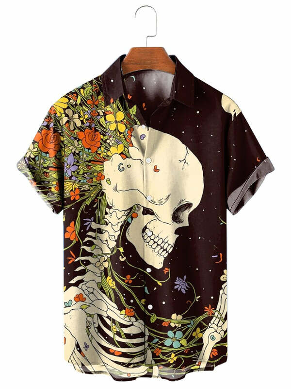 Chemises à manches courtes pour hommes, streetwear hawaïen à revers imprimé tête de mort et fleurs, mode unisexe, impression tête de mort 3D drôle