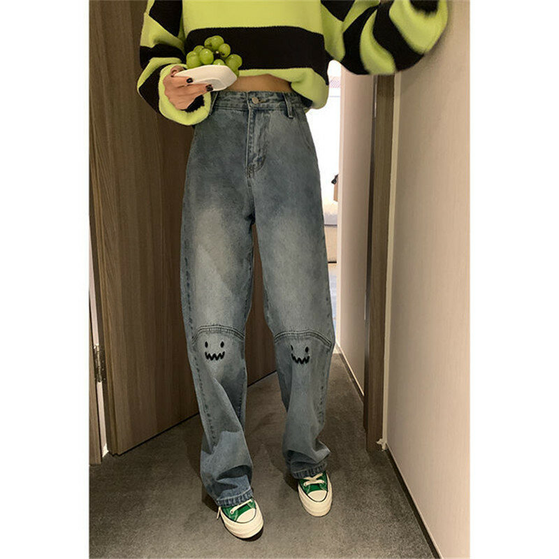 Streetwear Korean Fashion Smiley Embroidery Jeans Woman High Waist Y2k Straight Baggy Pants Versatile Casual Blue Denim Trousers