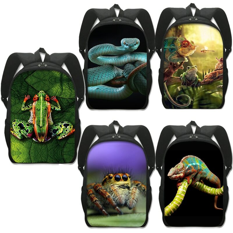 16 Inches Pet Frog Chameleon Snak Spider Animal Print Backpack Women School Bags for Travel Children Students Book Bag Gifts