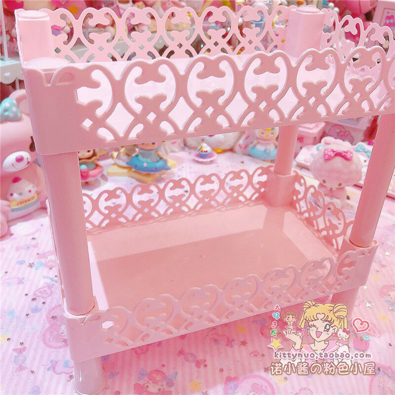 Adorável rosa oco coração duplo prateleira de armazenamento para bonecas coleção meninas cosméticos expositor recipiente móveis