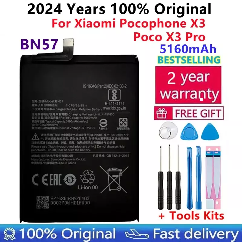Bateria do telefone para Xiaomi, BN57, 5060mAh, Xiaomi Pocophone X3, Poco X3 Pro, baterias de substituição, 100% original