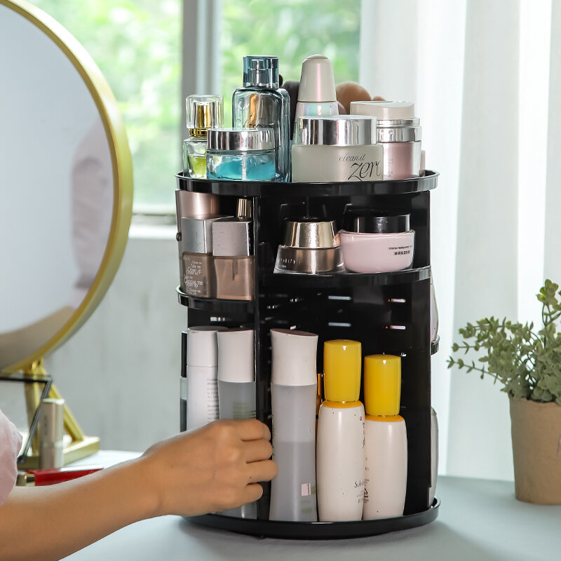 Caja de almacenamiento para cosméticos, cajón transparente de gran capacidad, organizador de maquillaje y joyería, color negro, contiene Luz de lujo, 360