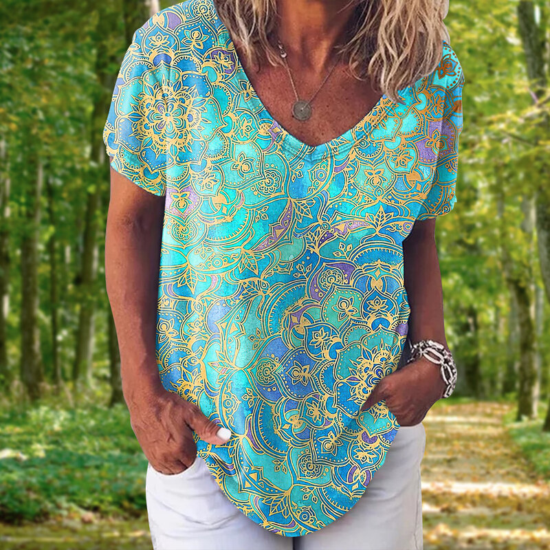 Mode frauen T-shirt 3d Floral Print Tops Tees V-ausschnitt Kurzen Ärmeln Weibliche Kleidung Sommer Große Größe T Hemd womans Kleidung
