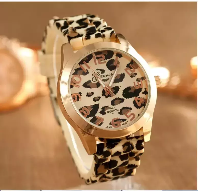 Geneva-Reloj de silicona con estampado de leopardo para estudiantes, cronógrafo informal de moda, de cuarzo, de Color, 2024