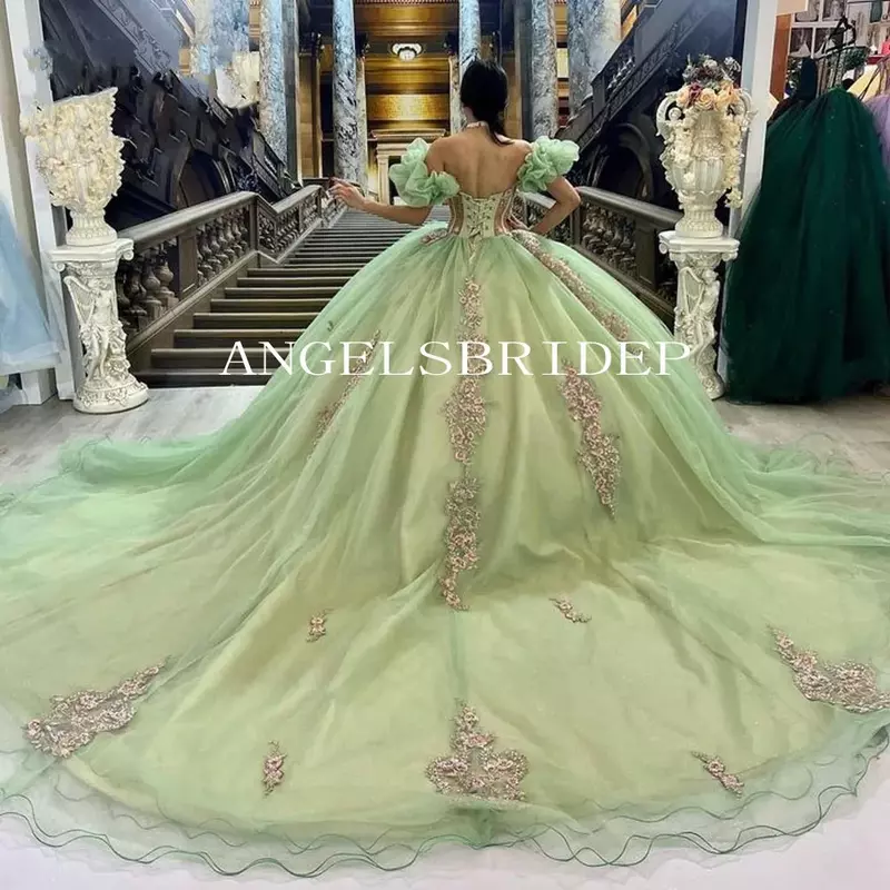 Sage Green Champagne Princess Quinceanera Dresses Crystals Beading Appliques Puffy Sleeves Formal Birthday Party Prom Gowns