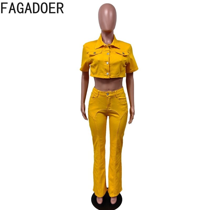 FAGADOER-Conjunto de dos piezas de mezclilla Rosa Y2K para mujer, Top corto con botones y pantalones ajustados, ropa de calle femenina