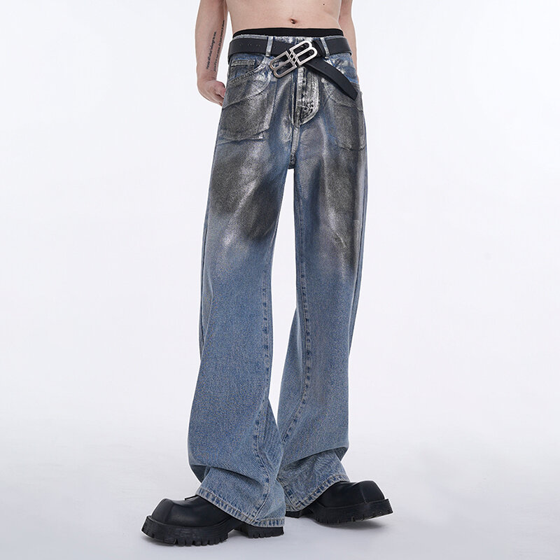 FEWQ-Calças masculinas de estampagem prata, jeans solto, calças de perna reta, moda na rua alta, calças de verão, 24X9054, 2021