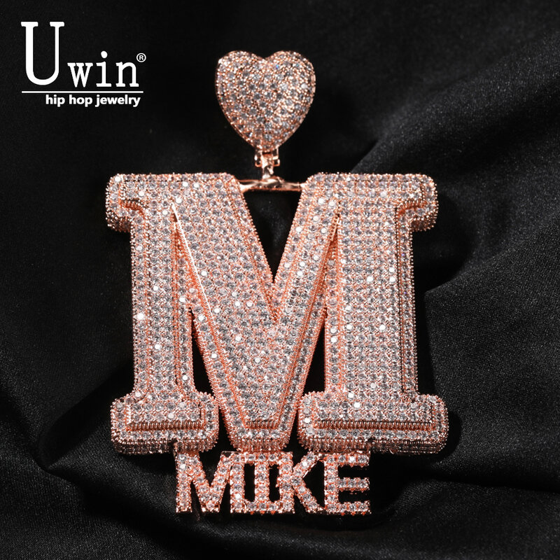 Uwin-letra grande com coração Bail, pingente personalizado, letras iniciais Mini, micro Pave CZ colar, jóias