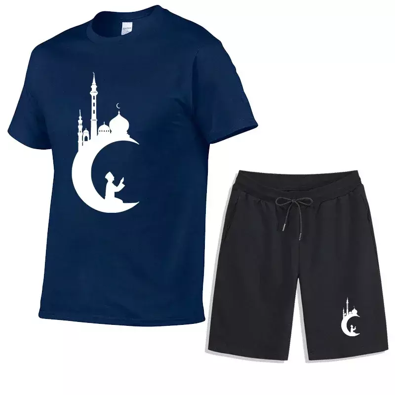 メンズ半袖シャツとパンツのセット,プリントされたイスラム教徒のスタイルのスポーツウェア,快適なTシャツ,ストリートウェア,通気性のあるファッション,夏