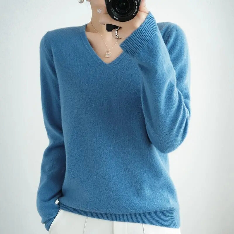 Jesienno-zimowy kaszmirowy sweter nowy damski sweter z dekoltem typu V-neck koronkowy dekolt wydrążony wzór z dzianiny w stylu Casual długi rękaw damski