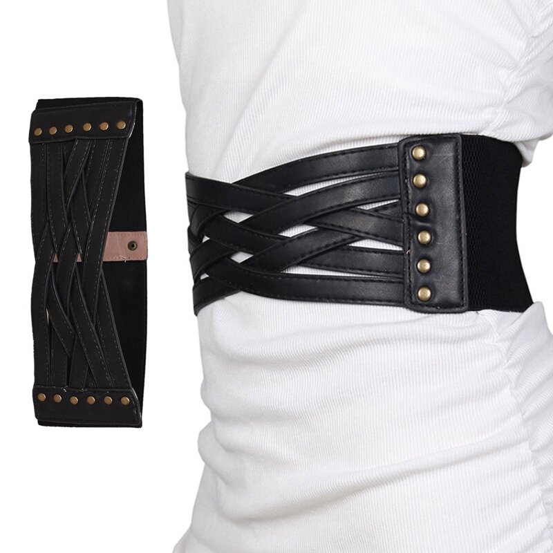 Vintage النساء بولي Leather الجلود سلسلة مرونة واسعة حزام حزام بلون Waistband الخصر مشد للنساء حزام تخسيس انخفاض الشحن