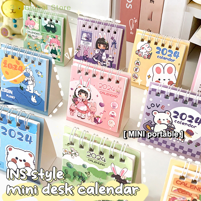 Mini Calendario de escritorio pequeño de dibujos animados para niña, calendario de Año Nuevo, portátil, creativo, mensual, decoración de oficina, 2024