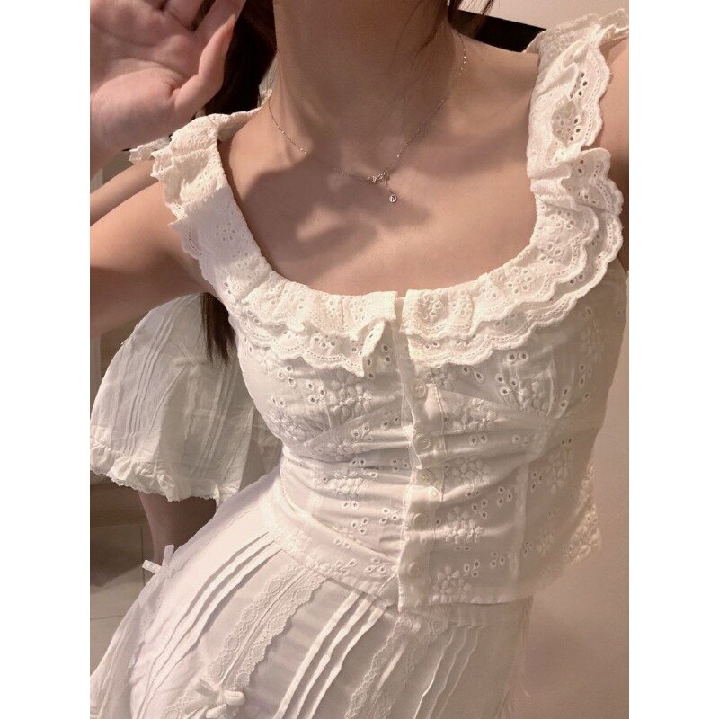 Женская кружевная белая рубашка без рукавов QWEEK, корейская мода, милая блузка с оборками, женская летняя Молодежная шикарная блузка, Y2k, лето 2024