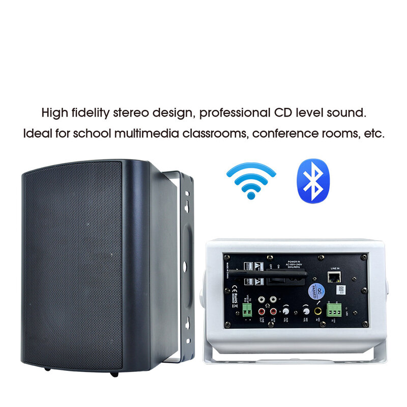One Pair WiFi Wall-mount Speaker 5.25 inch Loudspeaker Build-in Class D Amplifier Stereo Horn Public Address System for Hotel