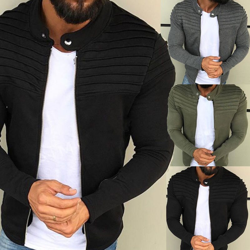 Men Fashion Solid Color Striped Tops Zipper Closure Casual Jacket