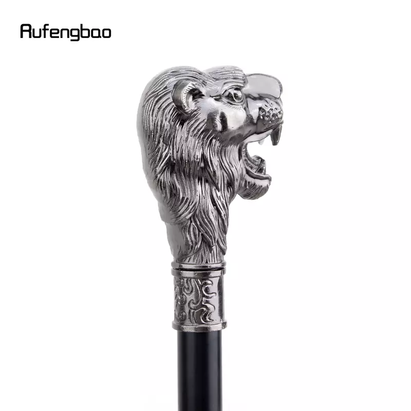 Sliver Lion Head with Mustache Walking Cane Fashion Decorative Walking Stick Gentleman Elegant Cosplay Cane Knob Crosier 93cm