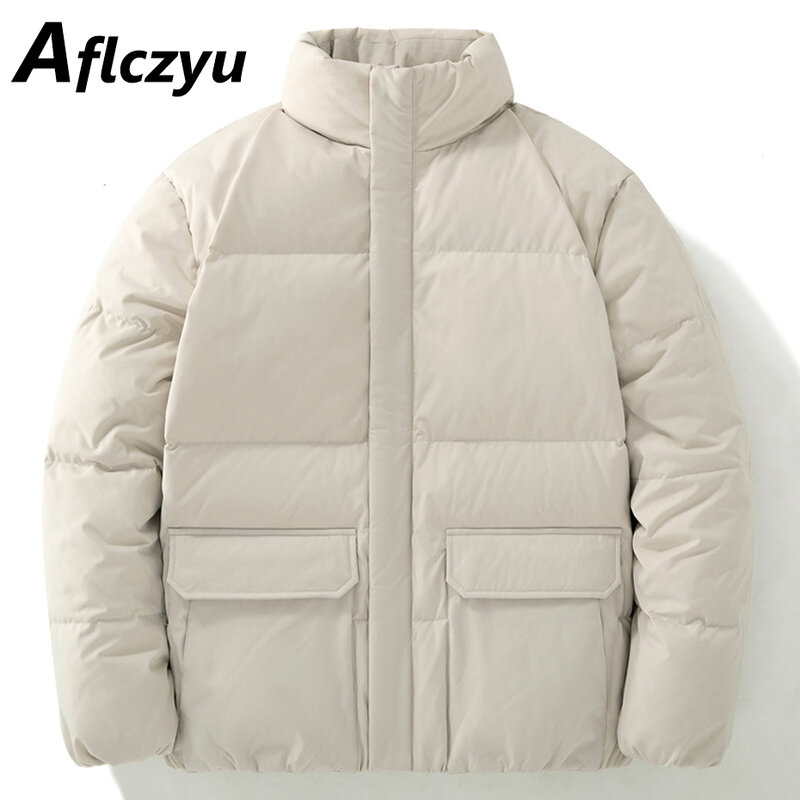 Piumino d'anatra bianco uomo giacche invernali spesse moda Casual tinta unita piumino maschile giacca da campeggio nero bianco