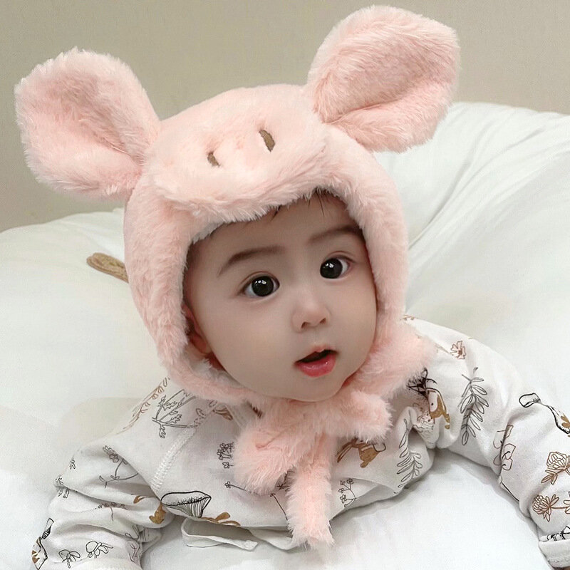 Nowa kreskówka śliczna różowa świnia pluszowa czapka dla niemowląt jesienno-zimowa malucha chłopców i dziewcząt wyściełana zagęszczona ochrona słuchu ciepła czapka