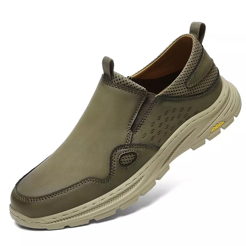 Sepatu kulit asli pria, Kasut pantofel bernafas kasual, jala datar Musim Panas 2024 untuk berkendara