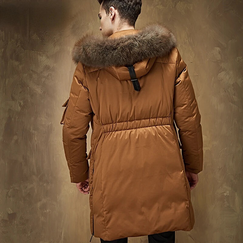 Chaqueta de invierno para hombre, plumón de ganso blanco 90% de largo medio con cuello de piel grande, chaqueta acolchada Masculina