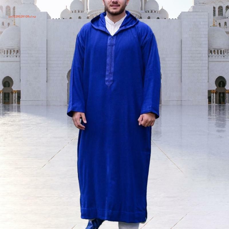 Men Muslims Kaftan Islamic Arabic Robes Patchwork Vintage Middle East Caftan Hooded Loose Casual Long Sleeve Thobe Robe