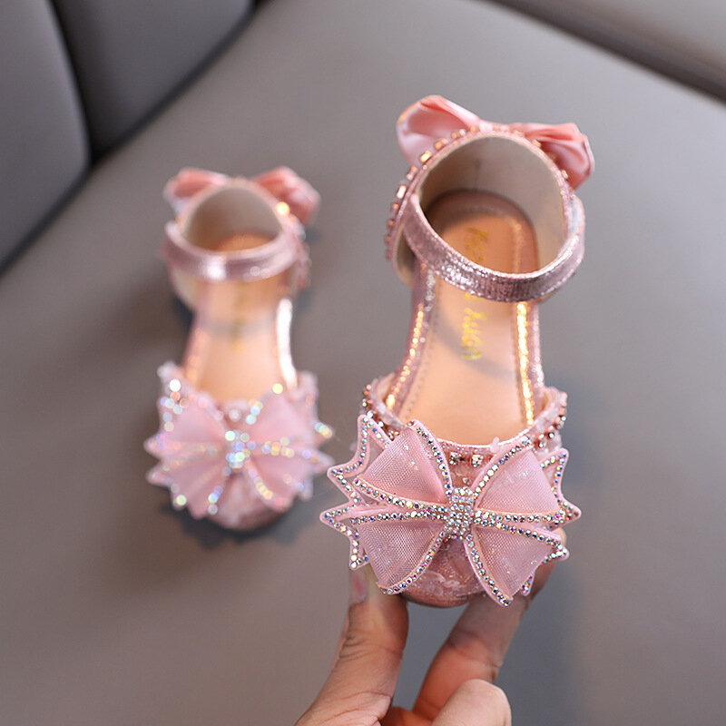 Sandalias con lazo de diamantes de imitación para niñas, zapatos de princesa, planos, a la moda, para actuaciones de baile, novedad de verano 2024