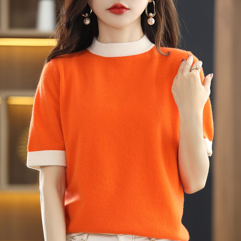 女性用半袖セーター,ルーズニット,Vネック,さまざまな色,夏服,new100%
