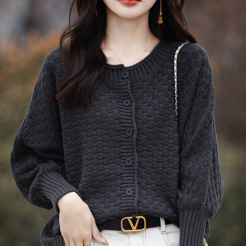 Nowe modele damskie z dzianiny 100% bawełniany sweter z okrągłym dekoltem i rękawem z grubym rękawem wysokiej jakości luźno dopasowane kardigan