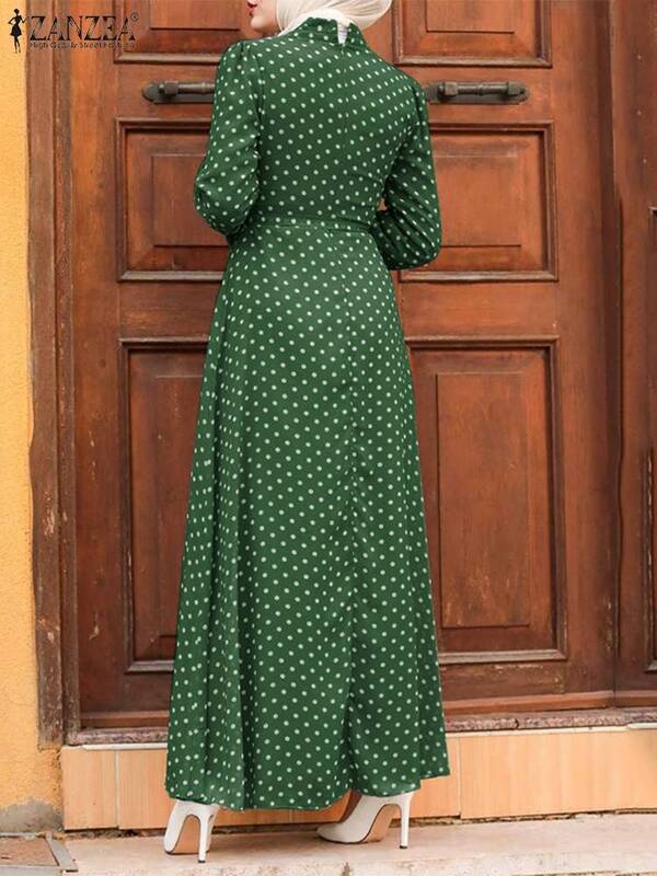 Muslim Women Abaya Ramadan Maxi Long Dress ZANZEA Vintage Polka Dot Printed Sundress Robe Femme Long Sleeve Party Vestido Kaftan