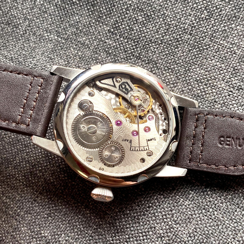 Винтажные мужские часы Nologo 44 мм из стали с ручным заводом, 17 драгоценностей, 6498, мужские спортивные часы, Montre Homme, кожаный ремешок