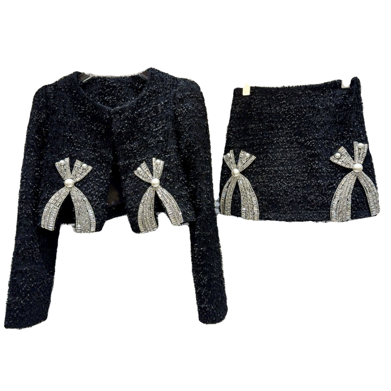 Falda-Conjunto feminino de jaqueta curta e mini saia com strass em pérolas, roupas de inverno, 2 peças