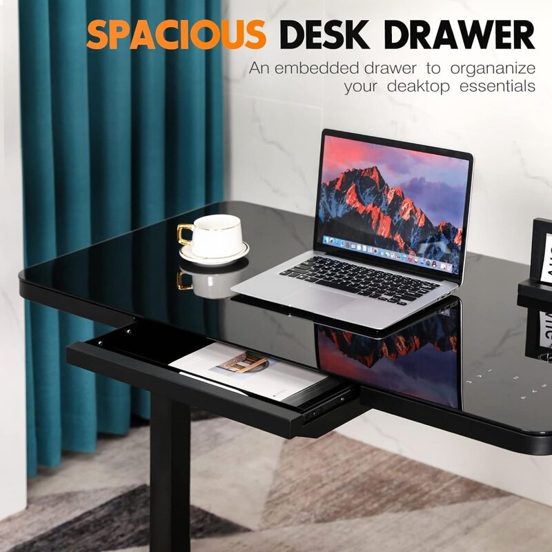 Stojące biurko z hartowanym szklanym wieczkiem 45x23 cali nowoczesne, biurko z regulacją wysokości regulowane ergonomiczne biurko z szufladami