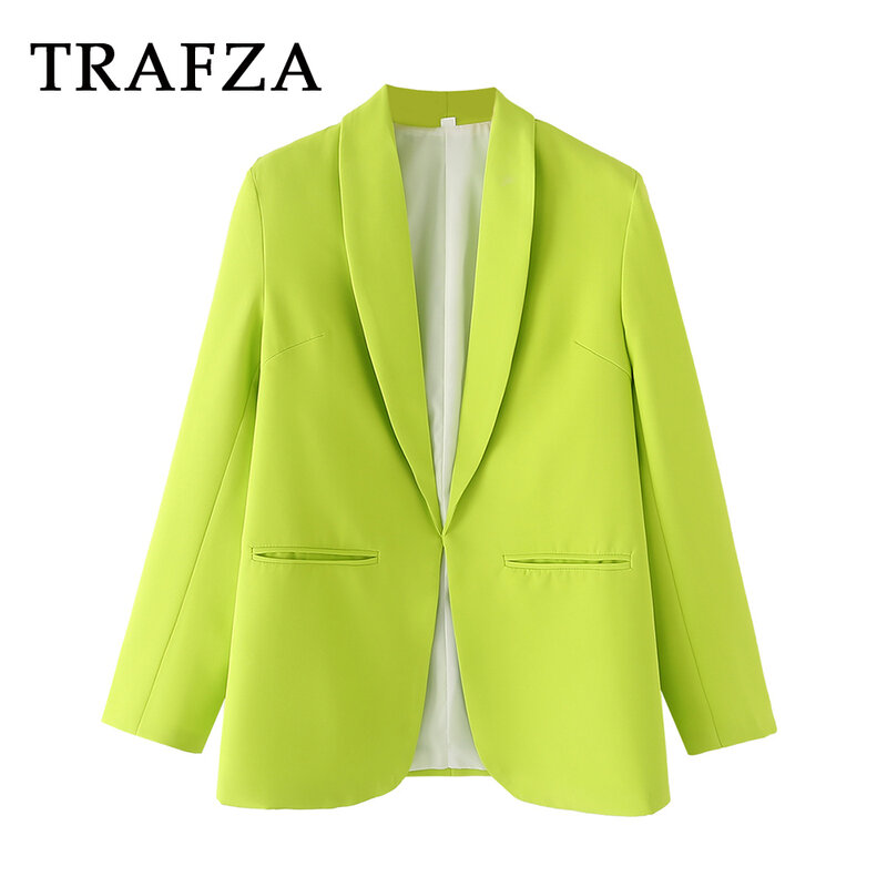 TRAFZA-Blazers crantés verts monochromes pour femmes, bouton unique, blazers décontractés élégants, dame de bureau, printemps, été, 2024