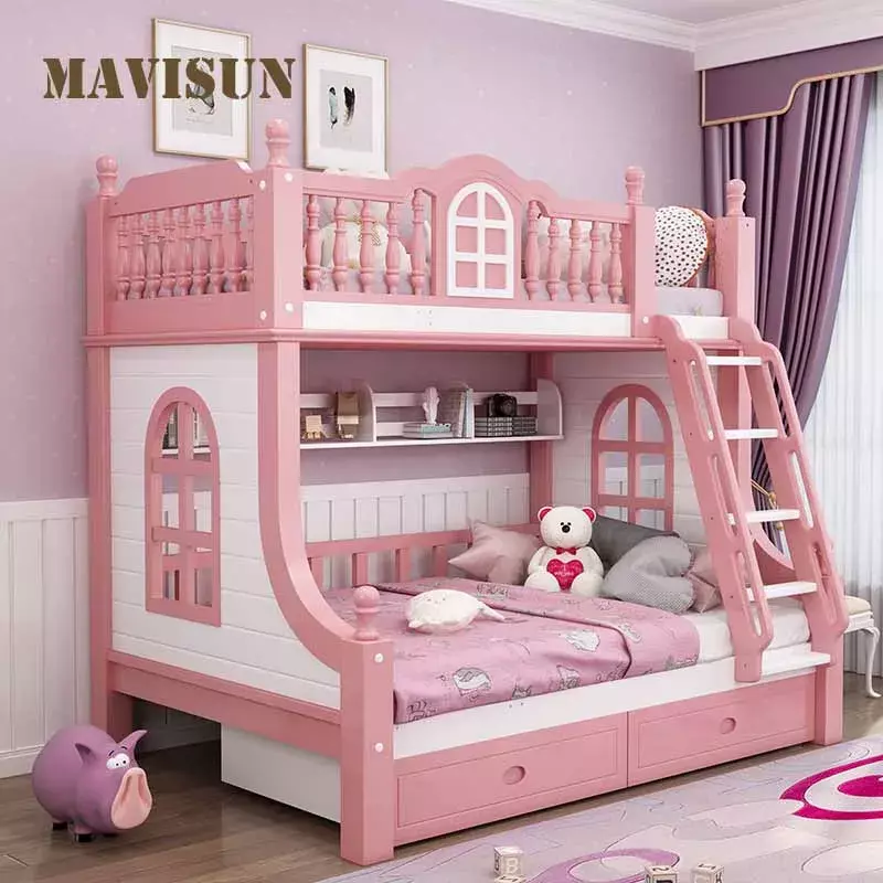 bed Nordic Style All Solid Wood Bunk  Slide Children Princess Up Down Kids  For room  Design Multifunctional Furniture