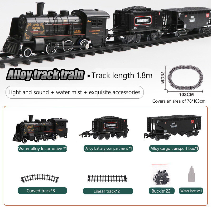 Electric Light Music Classical Smoke Alloy Track Train Retro Steam locomotive Model Rail 103cm Children's Toys