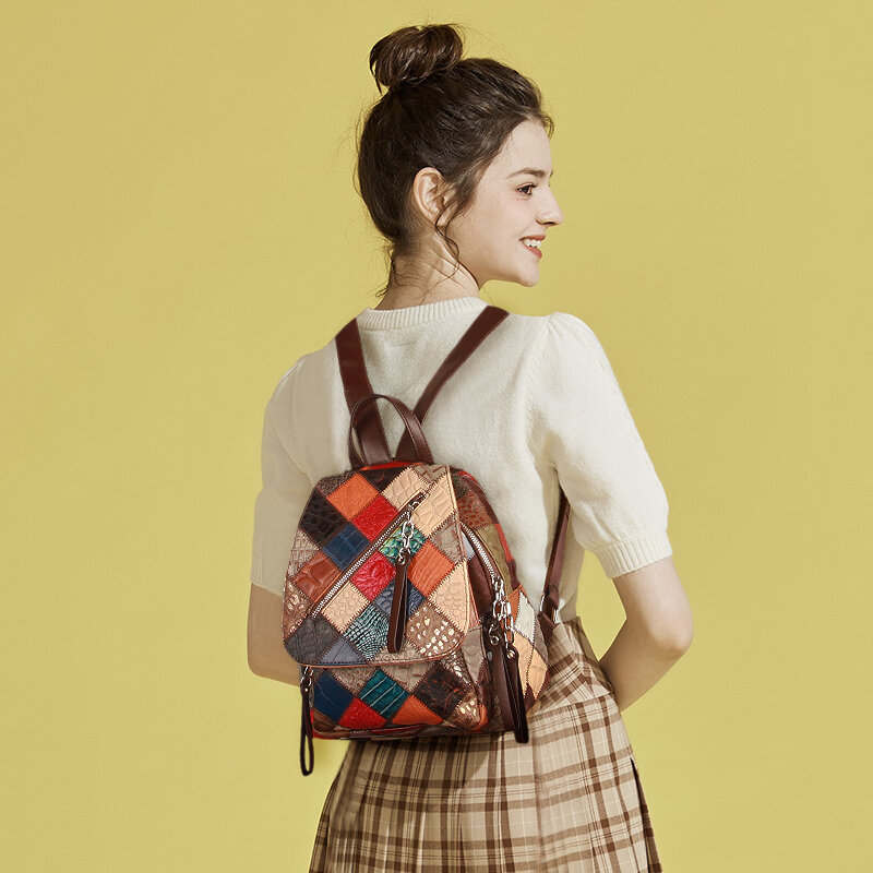 女性のための高品質の革のバックパック,対照的な色のランドセル,女の子のためのトラベルバッグ,y2kバックパック2023