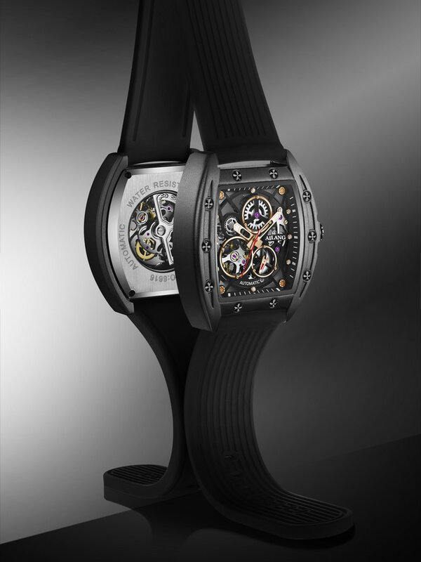 Relógio mecânico automático masculino, turbilhão esqueleto, relógio masculino impermeável, pulseira de borracha, marca de topo, luxo, preto, 30m, 2023