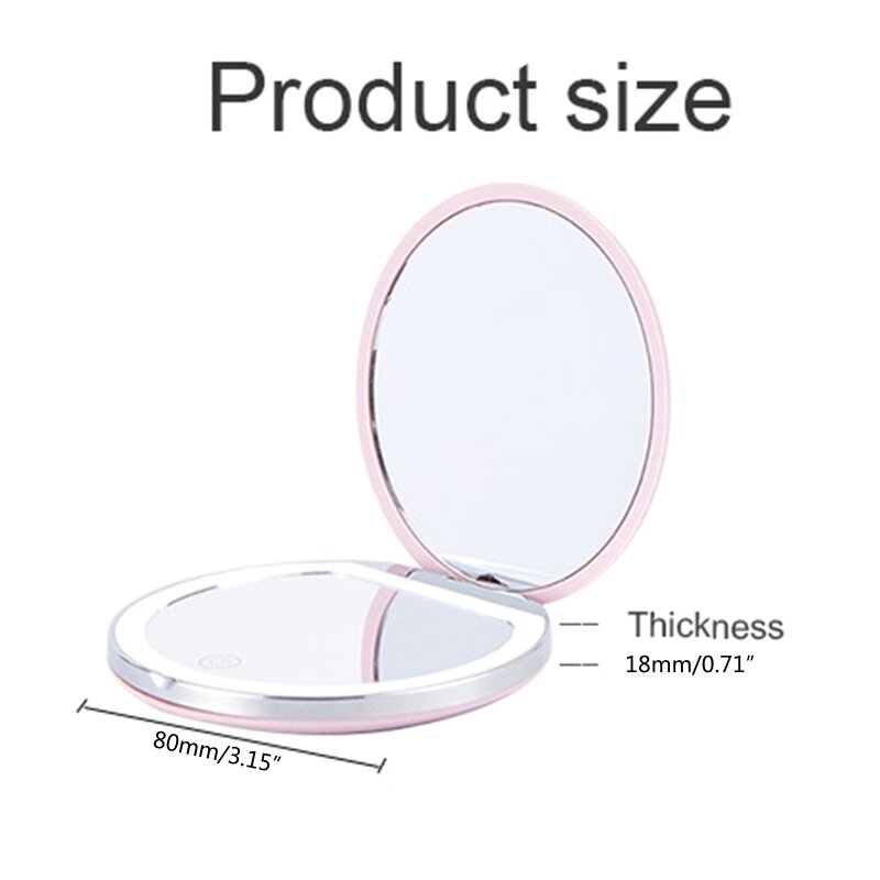 Mini espelho de maquiagem portátil, bolso compacto, recarregável, dobramento de 2 lados, luz LED, cosméticos