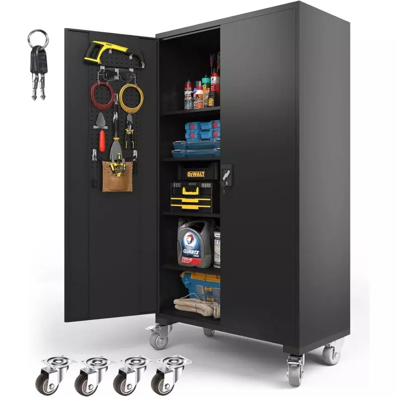 خزانة تخزين معدنية عريضة مطورة ، خزانة مرآب سوداء قابلة للقفل مع عجلات ، 4 أرفف قابلة للتعديل ، ثقيلة ، 72 بوصة