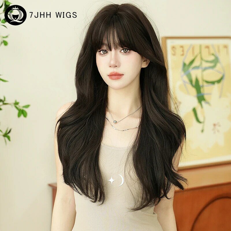 Wig 7JHH, Wig coklat tua sintetis ramah pemula untuk penggunaan sehari-hari, rambut palsu panjang bergelombang dengan poni tanpa lem
