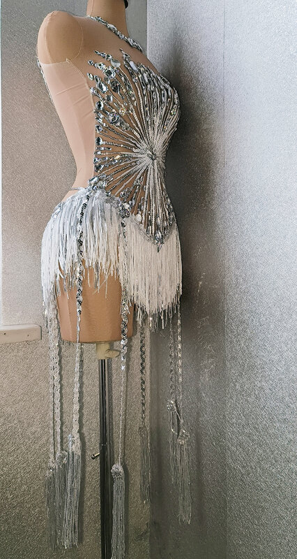 Bodysuit Kristal Berlian Imitasi Seksi Kostum Wanita Drag Queen Pesta Dansa Rumbai Ketat Panggung DS Kostum Tari Penyanyi Leotard