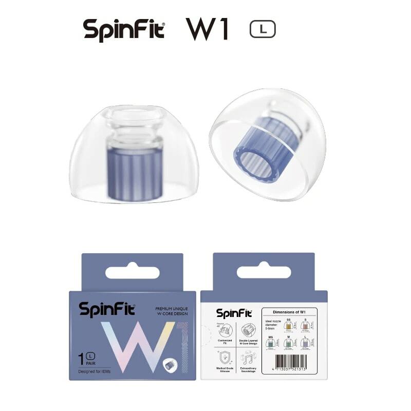 SpinFit-puntas de silicona para los oídos W1, núcleo de tubo doble en forma de W de grado médico patentado, diámetro de boquilla de auriculares de 5-6mm